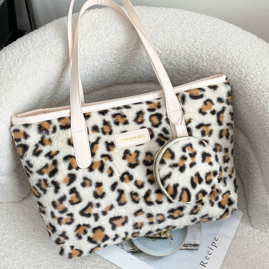 Leopard Faux Fur Tote Bag with Coin Purse