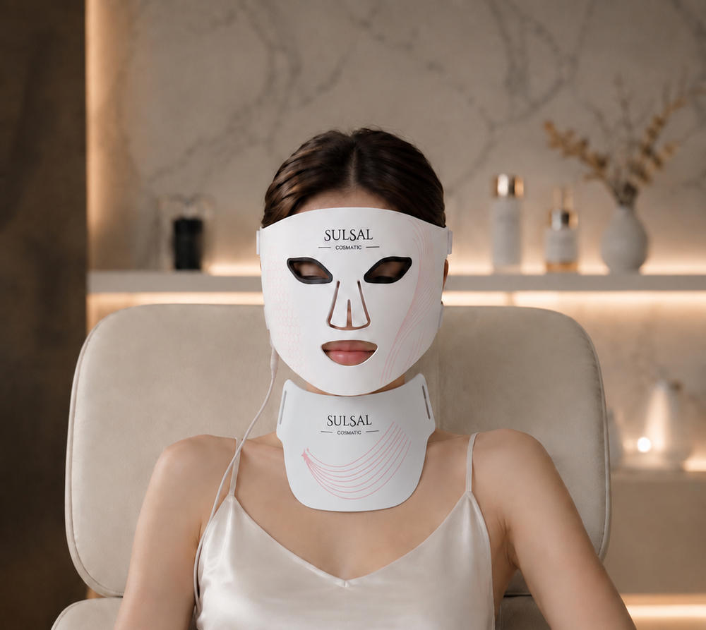 A woman wearing a white Suisal LED neck and face mask sits in a cream-colored recliner chair in a warmly lit spa-like setting.
