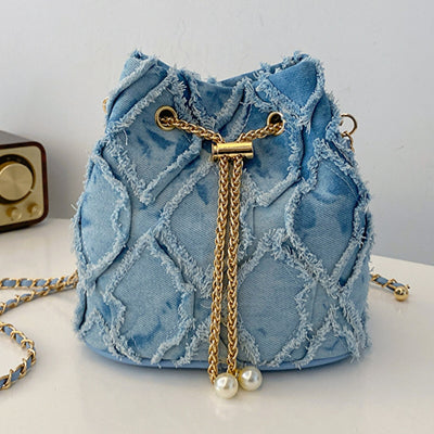 Chain Drawstring Raw Edge Denim Bucket Bag